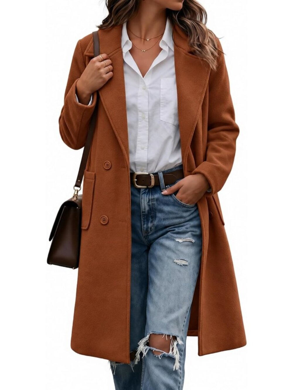 Women's Brown Winter Wool Blend Mid Long Coat Notch Double Breasted Jacket